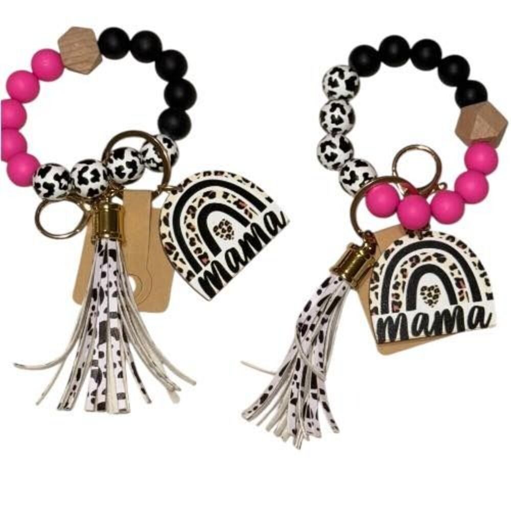 Pink & Black Beaded Keychain Wristlet with MAMA Rainbow Charm & Tassle